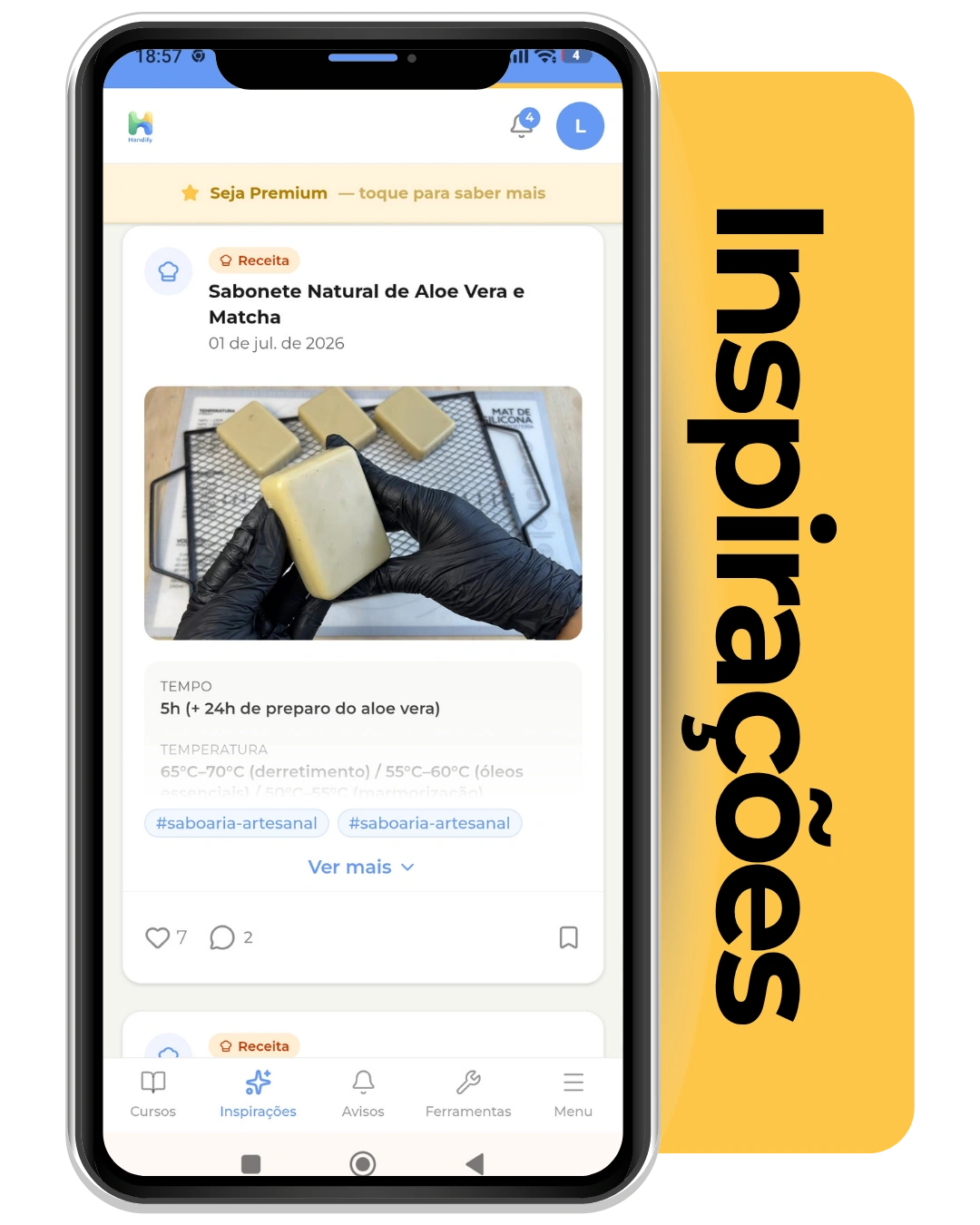 Mockup da área de Inspirações da Handify, com receitas de sabonetes
